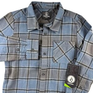 NWT Volcom Caden Plaid Long Sleeve Shirt Boys 7/XL Blue Gray Button Up Casual